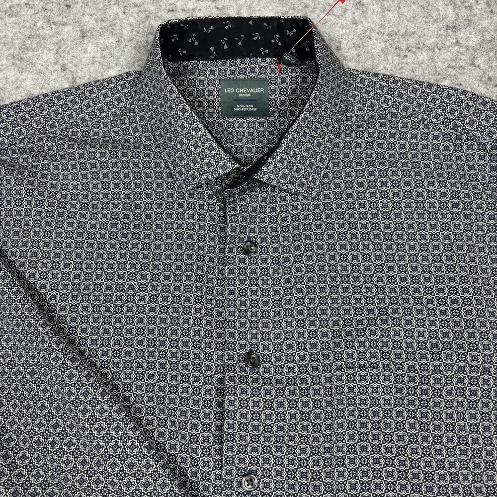 Leo Chevalier Non Iron Button Up Dress Shirt Mens Large Black Floral Long Sleeve